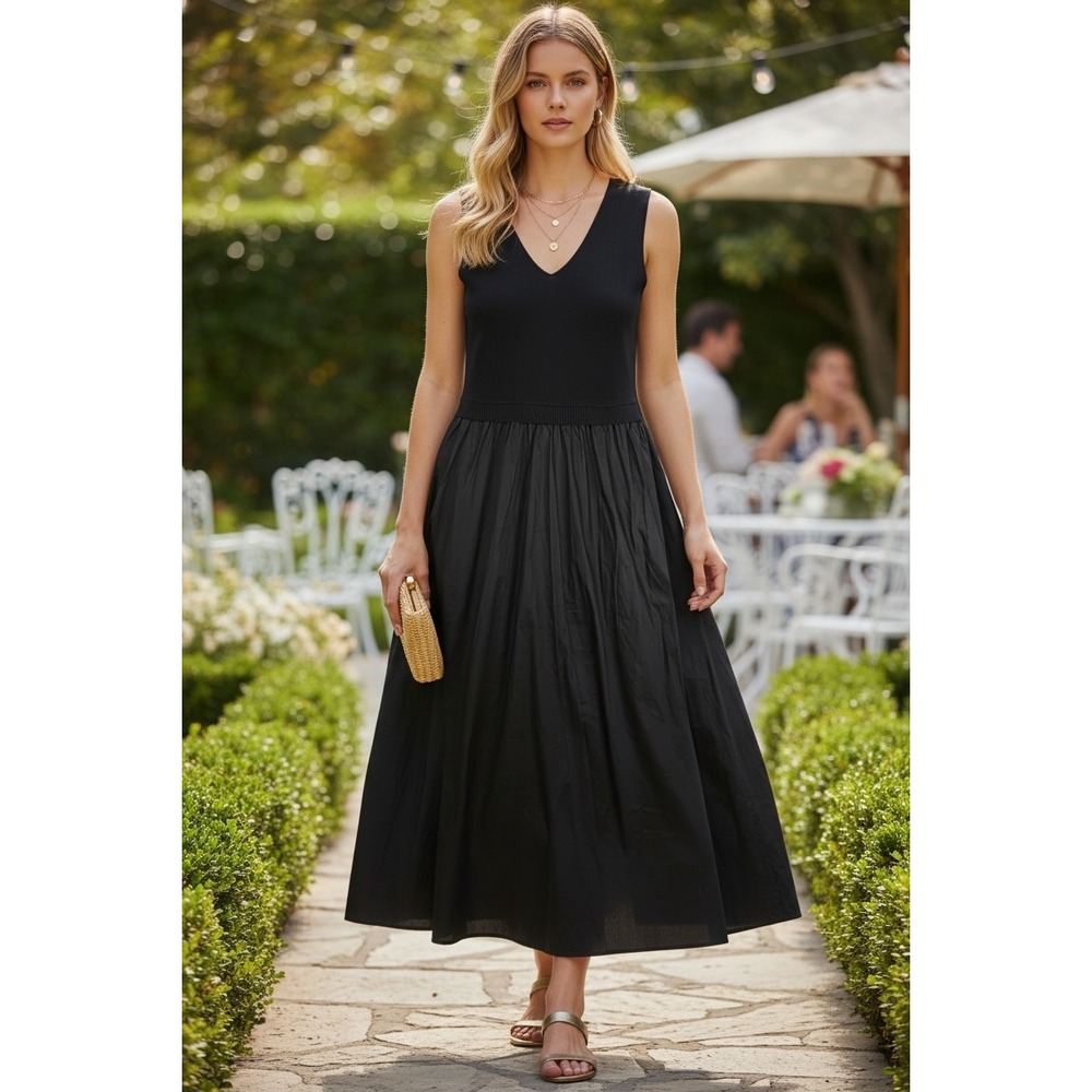 Taylor Black Mixed Media V-Neck Sleeveless Knit Pleated Maxi Dress Size L